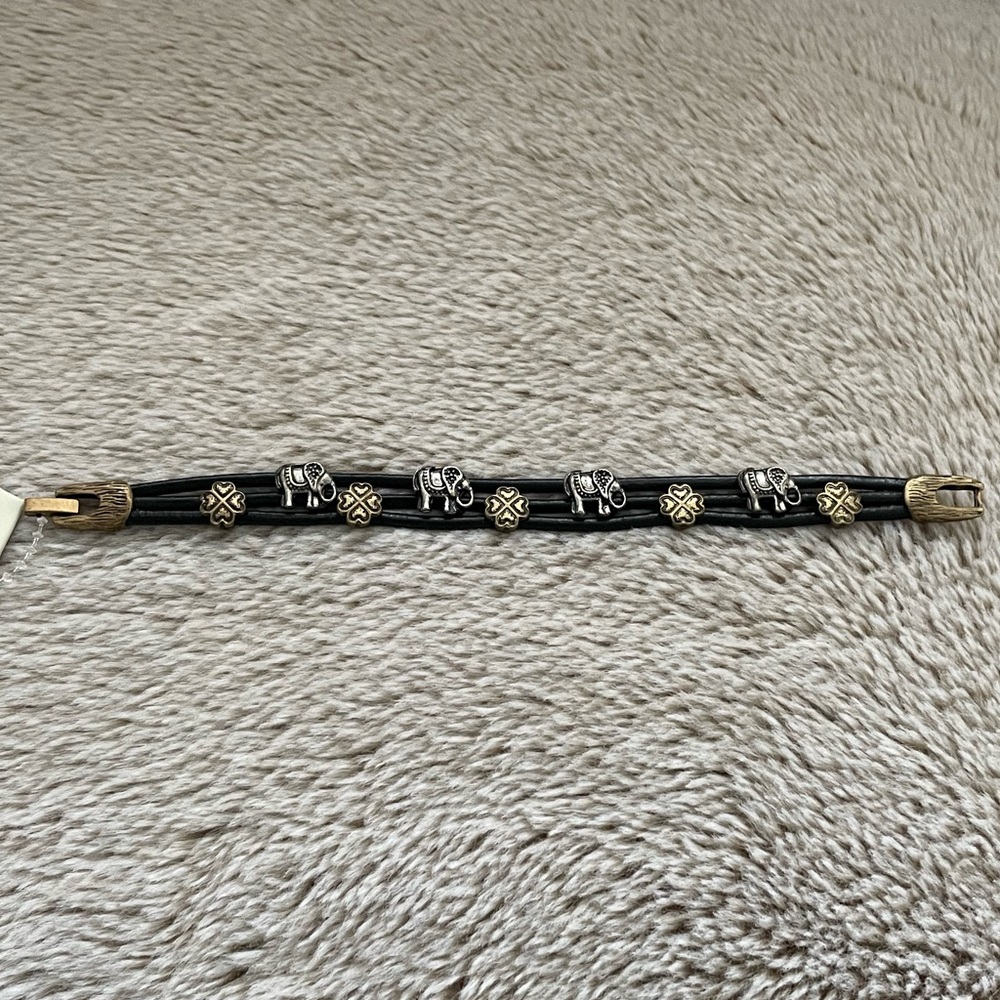 Bohemian Elephant Charm Leather Bracelet with Gold and Silver Accents - Picture 2 of 8